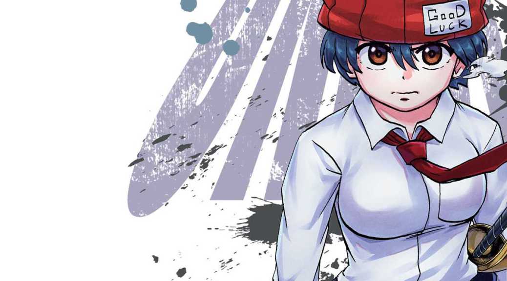 From the manga "Undead Unluck," Fuuko, a young woman wearing a light dress shirt and a dark tie, along with a red knit cap with a patch reading "Good Luck," looks serious up at the viewer as she marches forward.