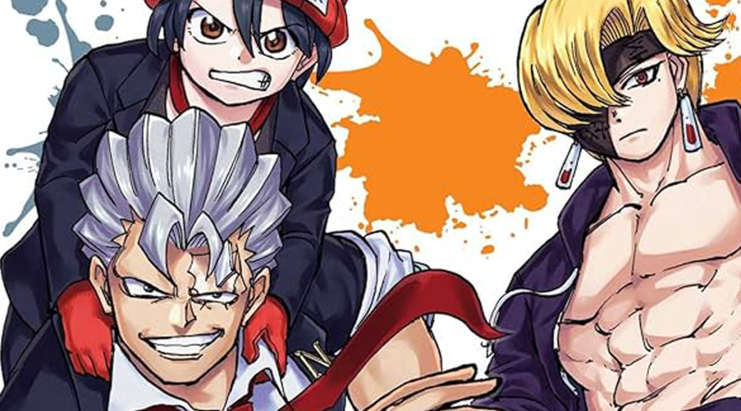 This header is from the cover of Volume 6 of the manga "Undead Unluck." From left to right, we can see Fuuko, a young woman with a short dark hair, clenched teeth, and an intense stare focused at the viewer. She wears a red beanie and a dress suit. She is riding on the shoulders of Andy, a large man with short light hair, an equally intense stare, but a smirk. He is in a similar suit as Fuuko. Behind them are various colorful paint splotches on a white background. On their right is Rip, a large man with short blond hair, long dangling earrings, and an eyepatch over his right eye. He has a serious expression as he looks down at the viewer. His dark shirt is open, showing his muscular abs.